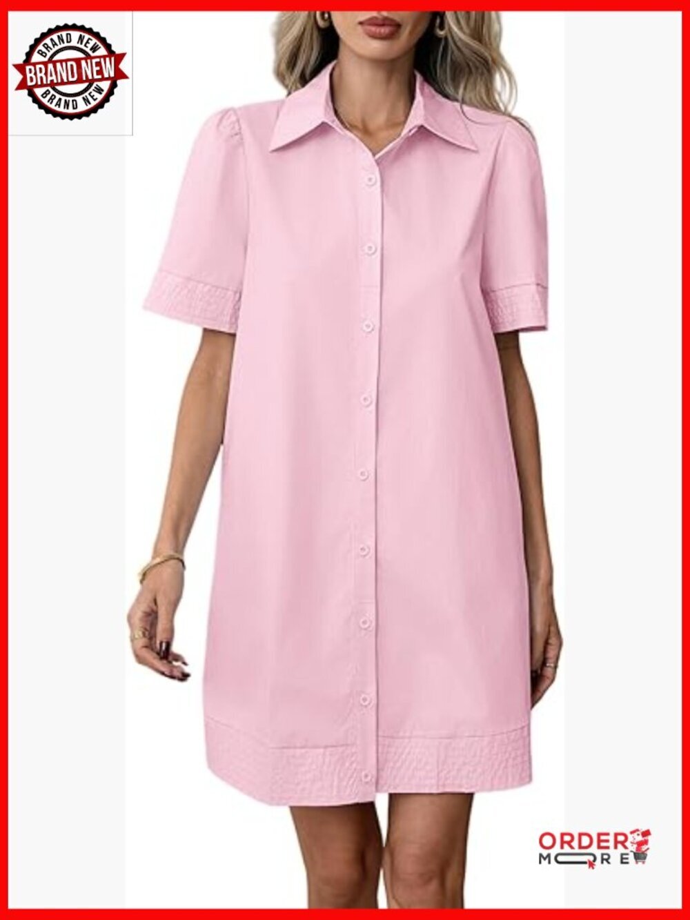 Cotton Blend Short Sleeve Button Down Mini Shirt Dress Casual Lapel Collar